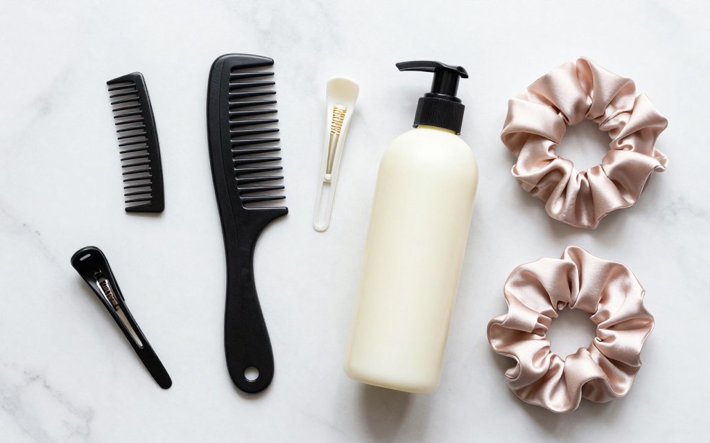 Flat lay of a wide-tooth comb and leave-in used to find your curl type