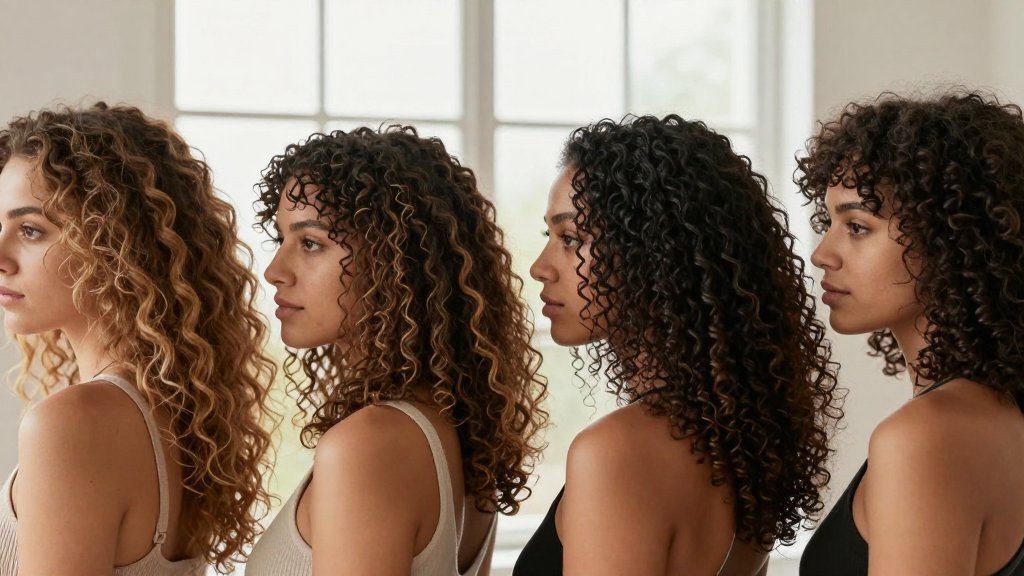 Four women showing different curly hair types from loose waves to tight 4C coils
