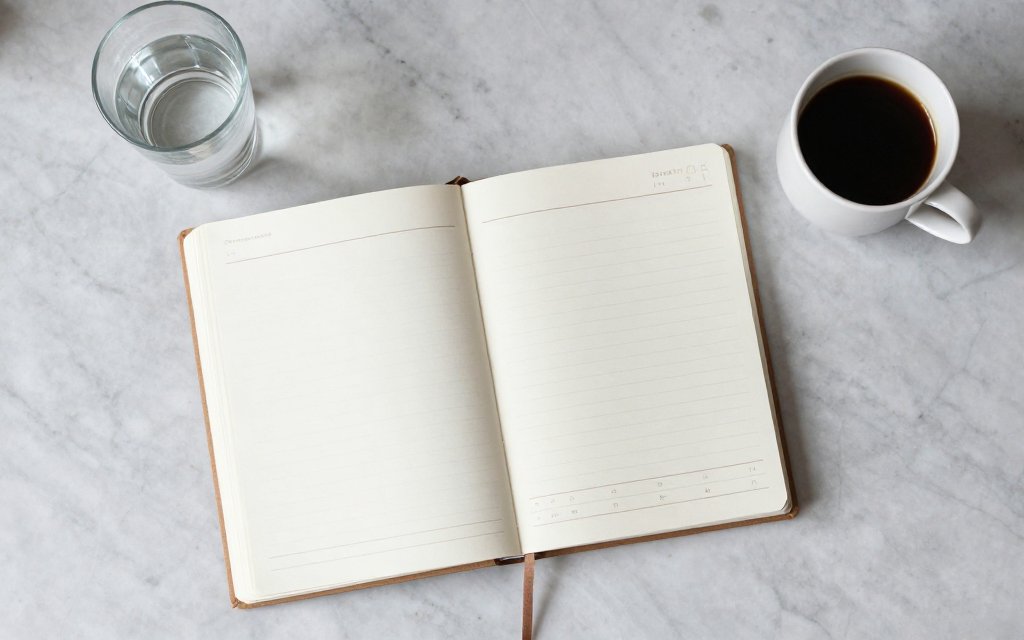 A planner marking a 16:8 intermittent fasting schedule beside coffee and water