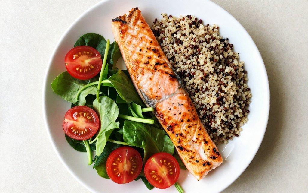 A balanced high protein plate showing what to eat during intermittent fasting