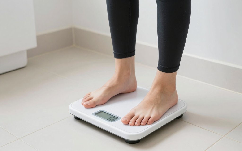 A person on a scale tracking weight loss from intermittent fasting over time