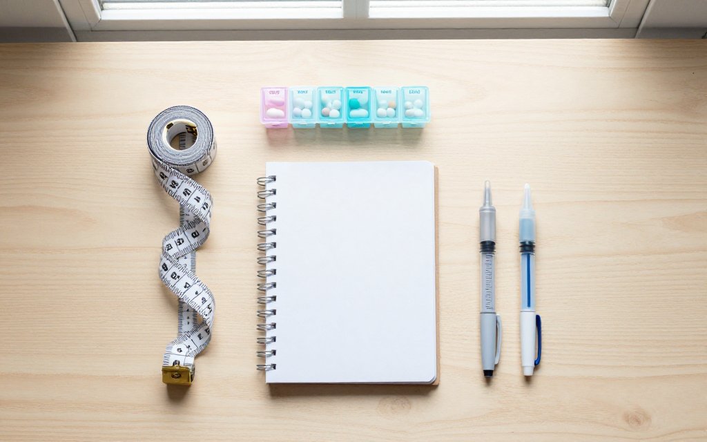 Flat lay of tracking tools for weight loss on tirzepatide and semaglutide