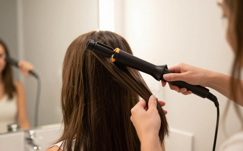 Woman using a curling wand to shape beach waves, leaving the ends out