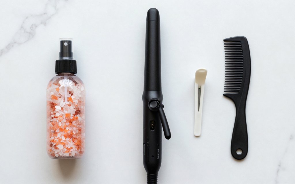 Flat-lay of sea salt spray and a curling wand used for beach waves hair