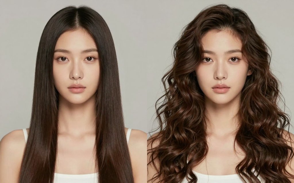 Before and after comparison of straight hair and heatless beach waves