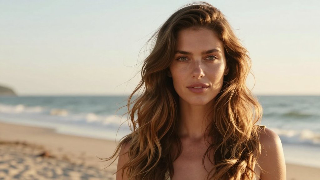 Woman with loose beach waves in light brown hair standing in golden hour light near the coast