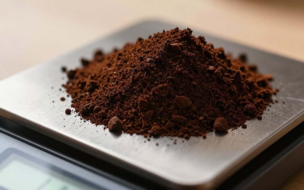 Coffee grounds on a digital scale illustrating the coffee to water ratio by weight