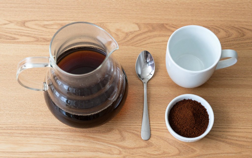 Top down view of a carafe, mug, and grounds showing how much coffee grounds per cup