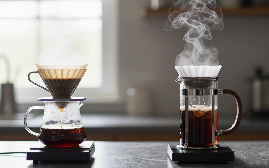 Pour over dripper next to a french press comparing coffee brew ratios by method
