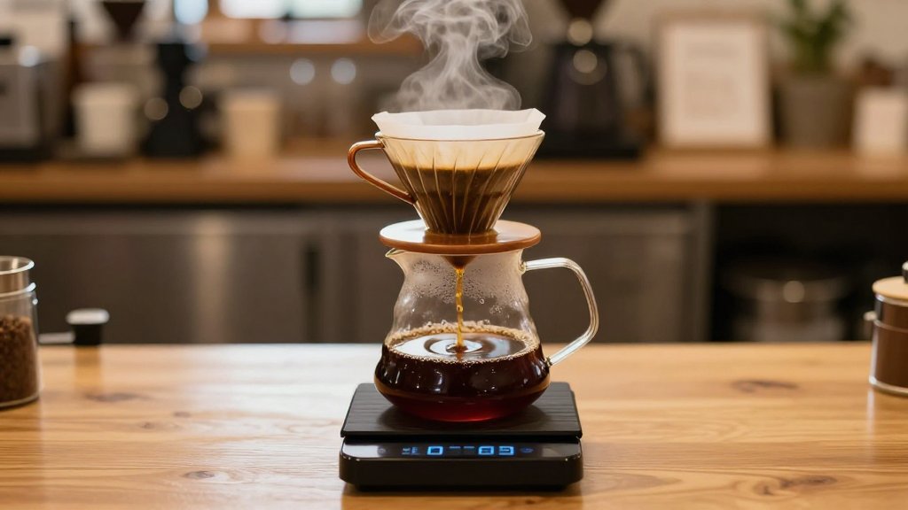 A pour over brew on a digital scale demonstrating the coffee to water ratio in grams