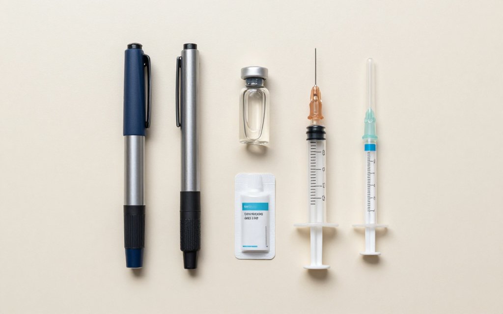 Top-down flat lay of two semaglutide pens and a syringe, illustrating the Wegovy dosage chart steps