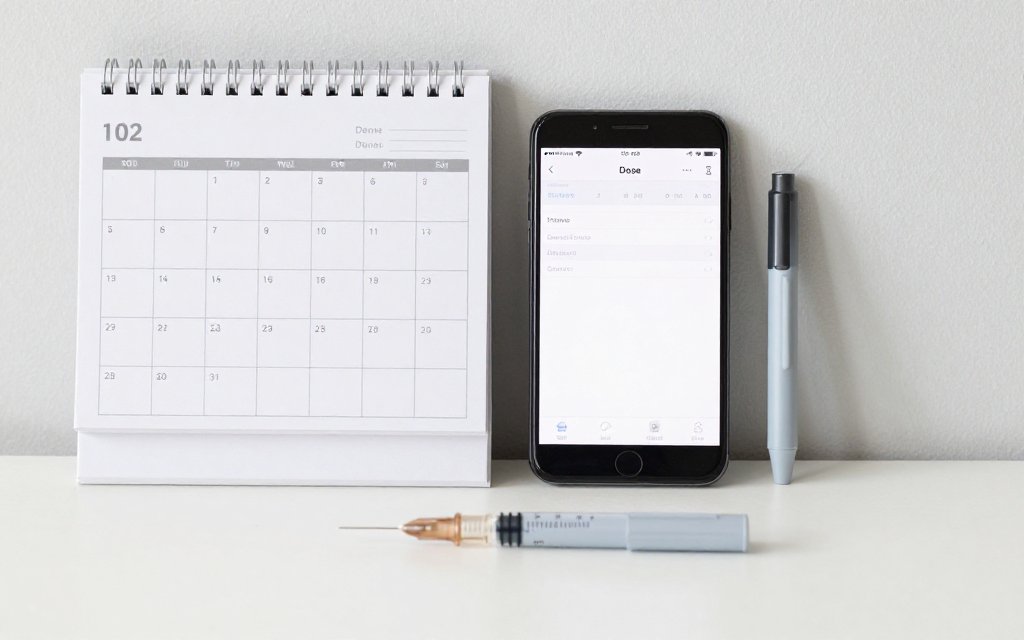 A weekly calendar and phone dose log beside a semaglutide pen for tracking weekly injections