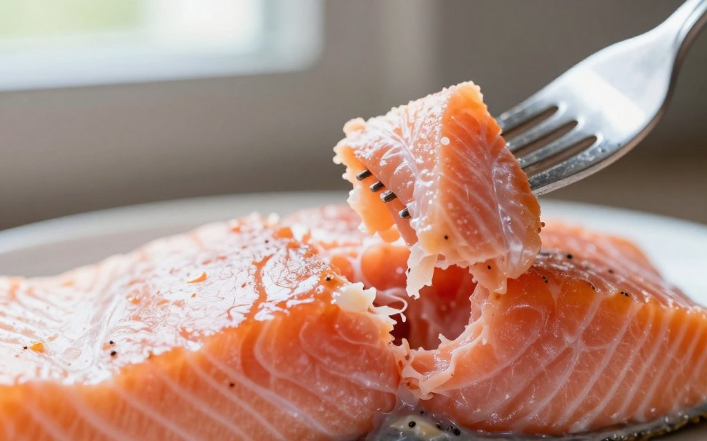 Macro shot of cooked salmon flesh showing how much protein in salmon a serving holds