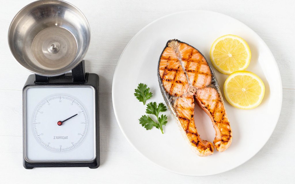 Top-down grilled salmon fillet on a food scale to show salmon fillet calories per serving