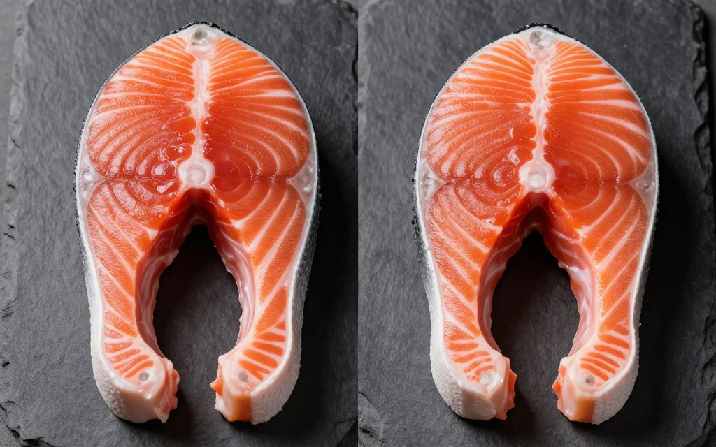 Two raw salmon steaks side by side comparing wild vs farmed salmon nutrition and color