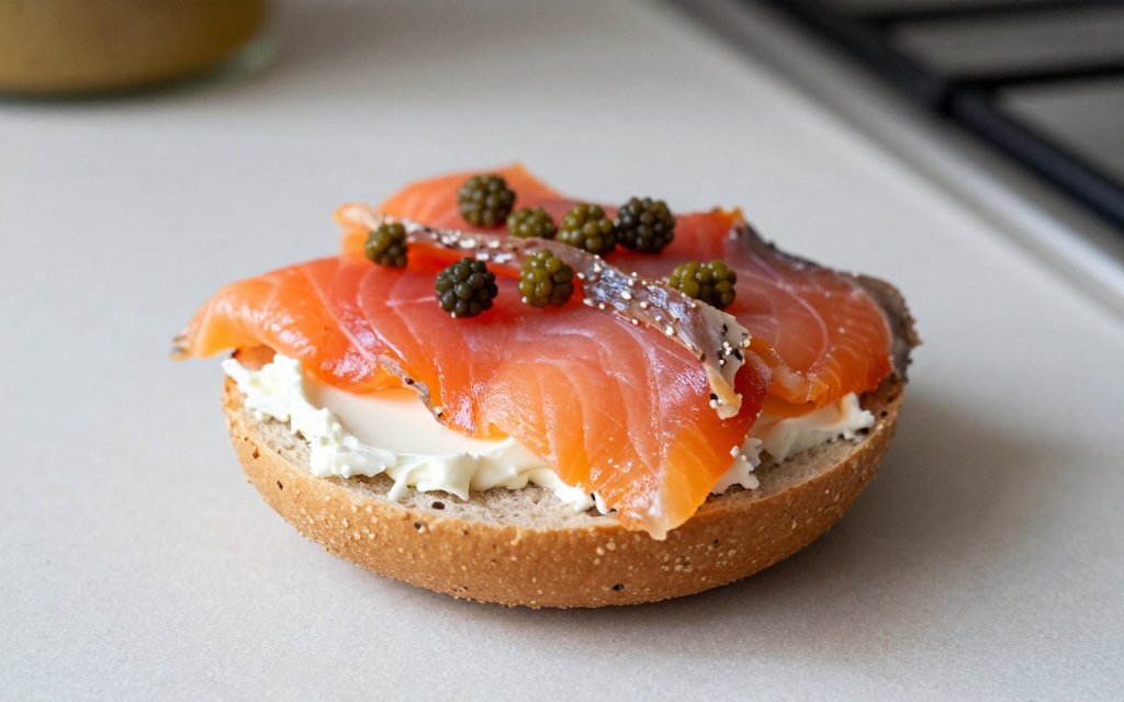 Smoked salmon slices on a bagel illustrating smoked salmon calories and higher sodium