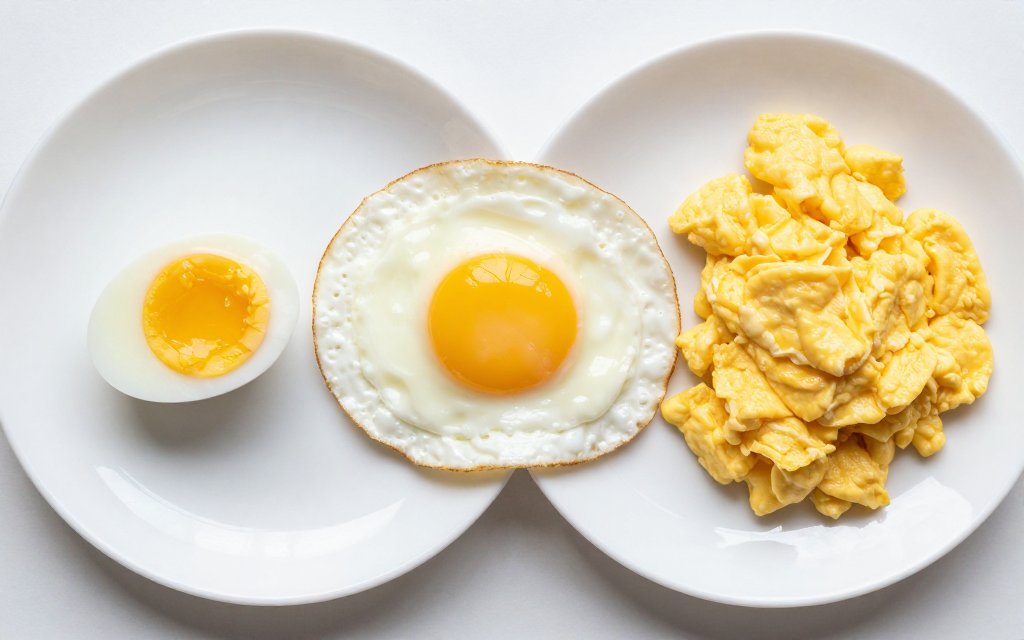 Boiled, fried, and scrambled eggs side by side showing egg calories by cooking method