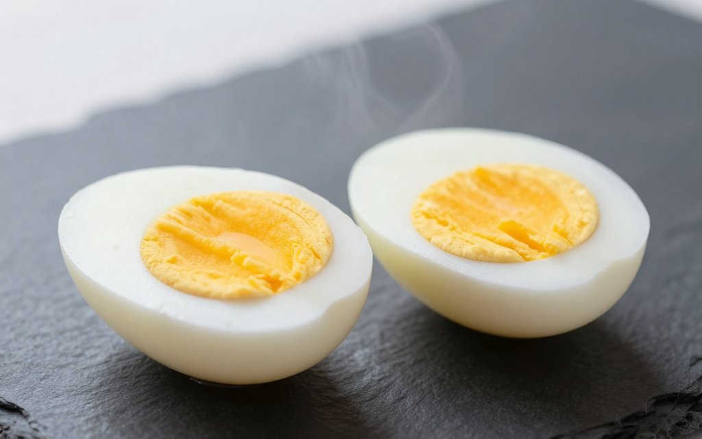 Macro shot of halved hard boiled eggs showing the low calorie firm yolk and white