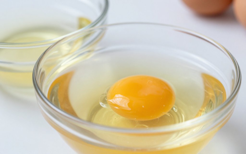 Cracked egg showing the white and yolk separated to compare egg protein content