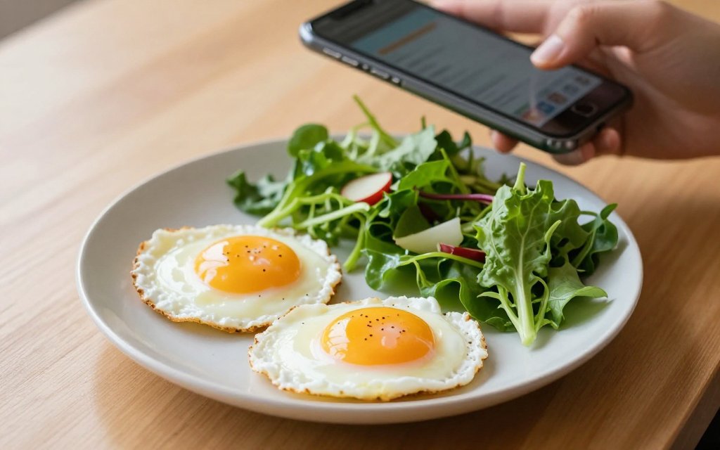 Breakfast plate of eggs with a phone logging egg calories for weight loss