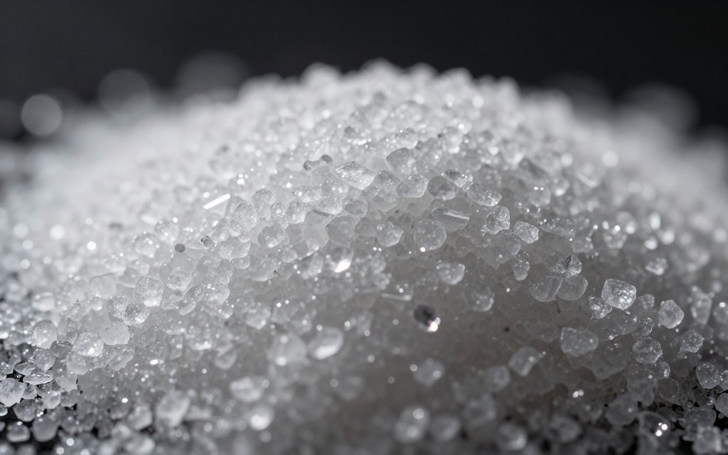 Macro view of white sugar crystals showing a cup of sugar in grams up close