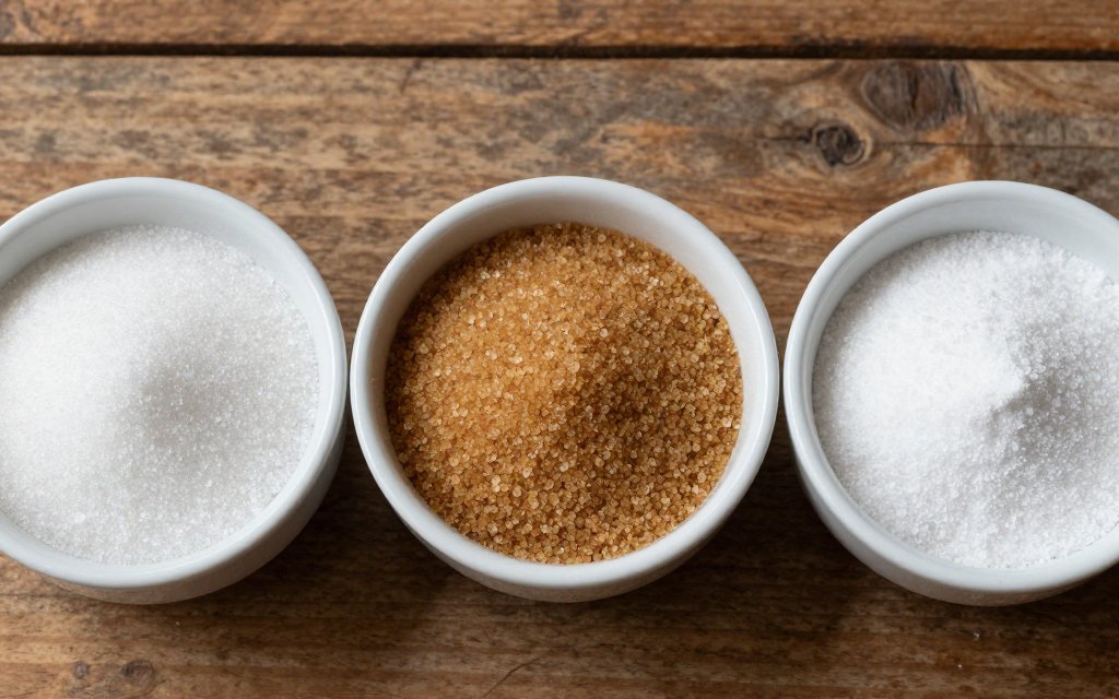 Granulated, brown, and powdered sugar compared by weight per cup in three bowls