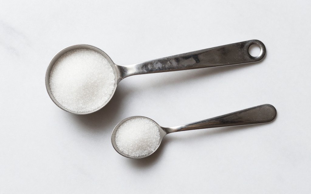Measuring spoons of sugar showing the grams of sugar in a teaspoon and a tablespoon