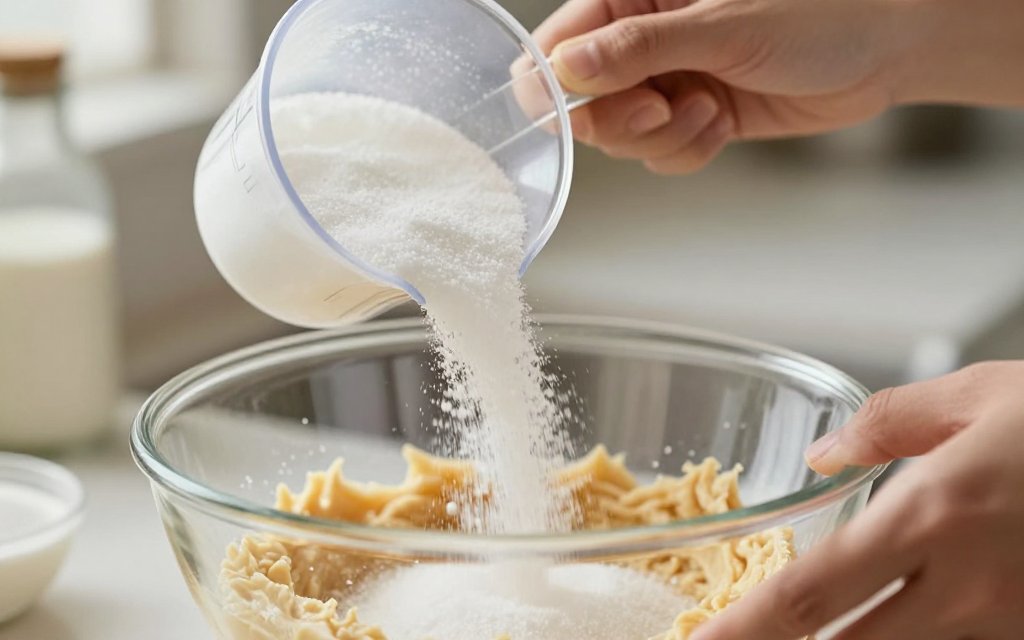 Pouring a cup of sugar, about 200 grams, into cookie dough in a mixing bowl