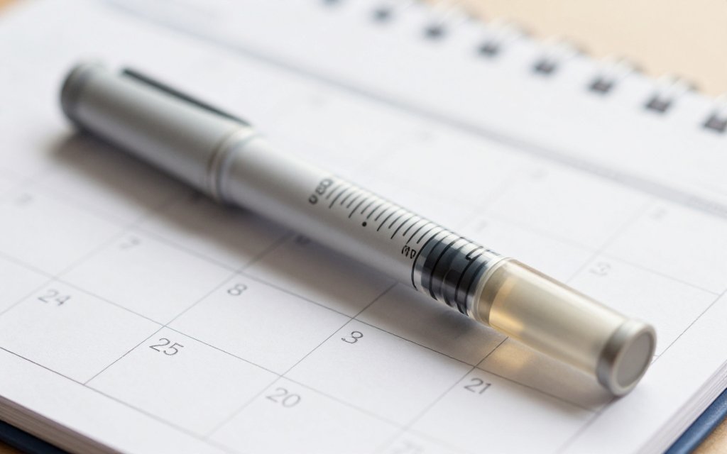 Macro of a GLP-1 pen on a calendar marking the weight loss plateau timeline