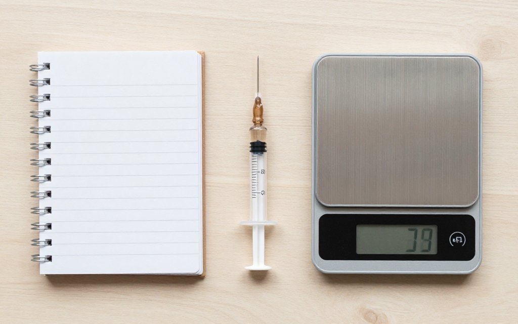 Top-down flat lay of a syringe, vial and scale during a GLP-1 weight loss plateau