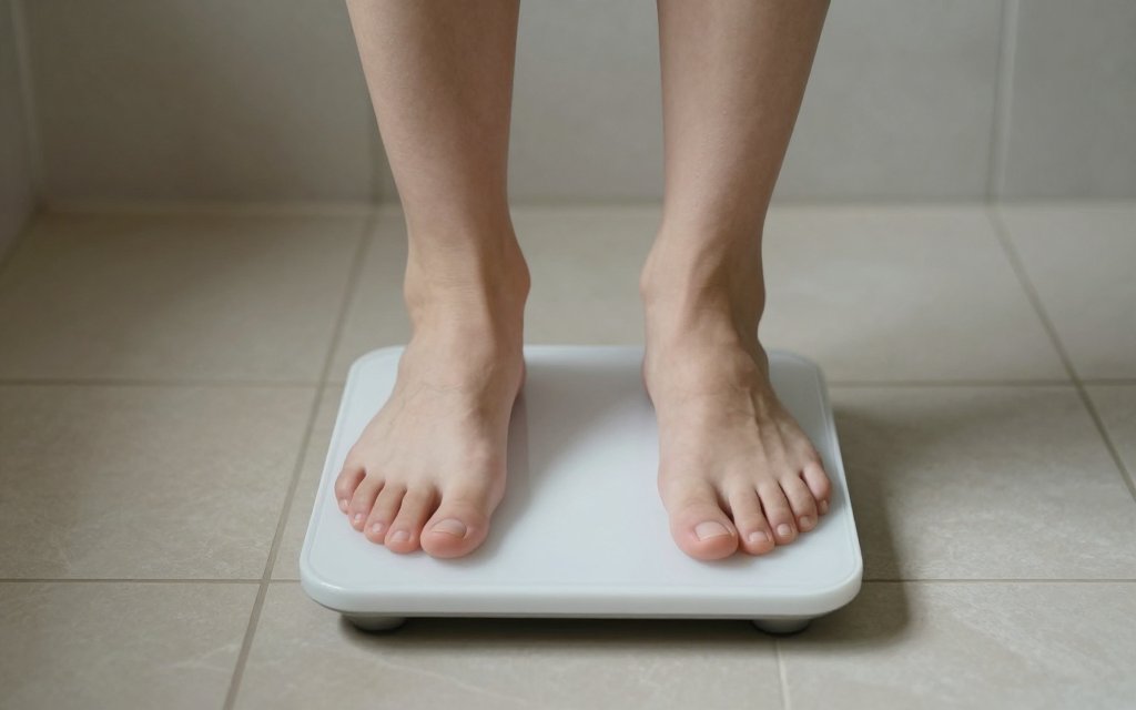 Feet on a bathroom scale showing the flat number of a weight loss plateau