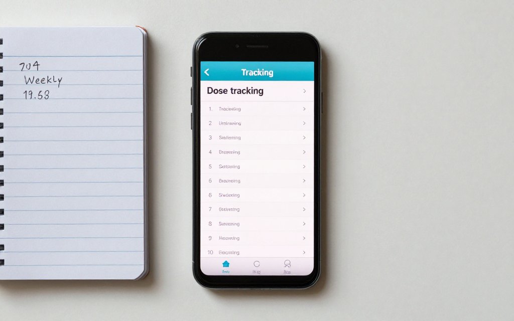 A phone dose log next to a notebook, tracking a GLP-1 weight loss plateau