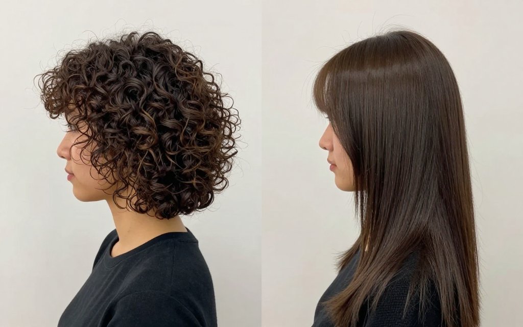 Comparison of a curly short wolf cut and a long straight wolf cut