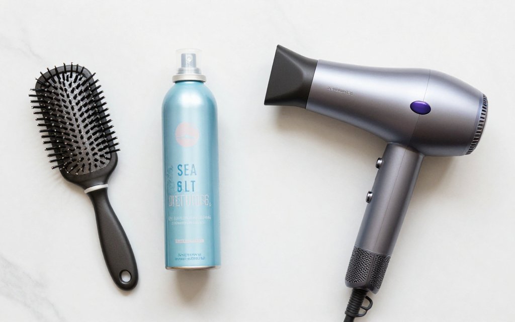 Flat lay of the round brush and texturizing spray used to style a wolf cut