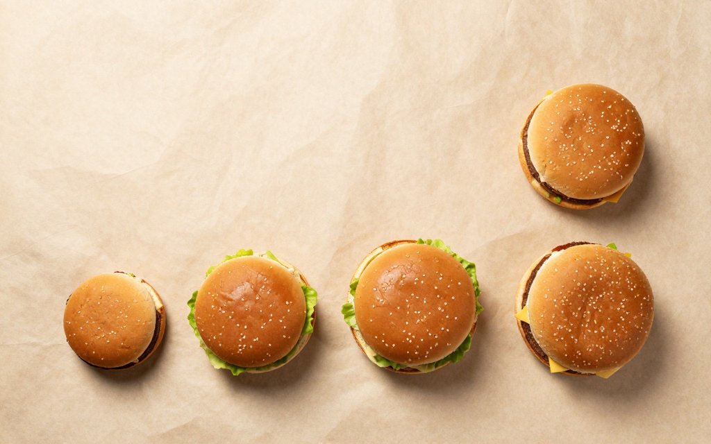 A top-down row of burgers from small to large showing the McDonald's nutrition menu by size.