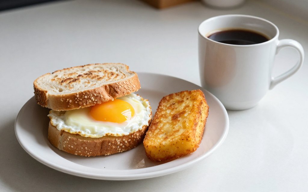 An egg muffin sandwich, a hash brown and coffee showing typical McDonald's breakfast calories.