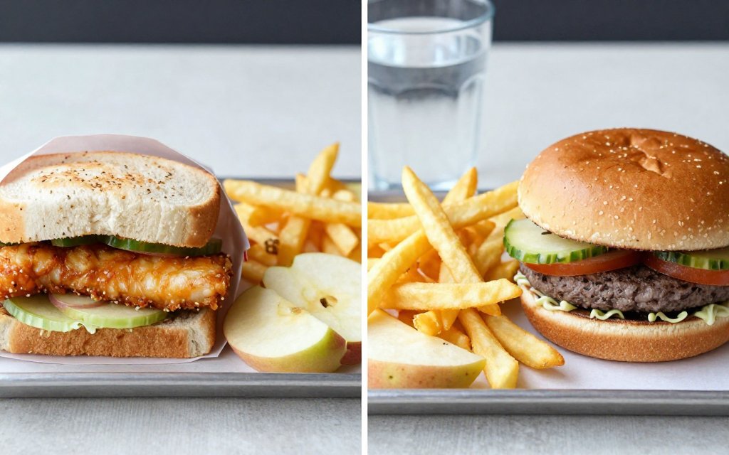 A lighter meal beside a large burger and fries comparing healthy McDonald's options by calories.