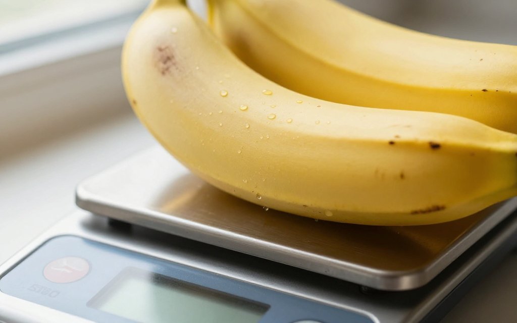 A hand of bananas on a scale during a kilograms to pounds check.