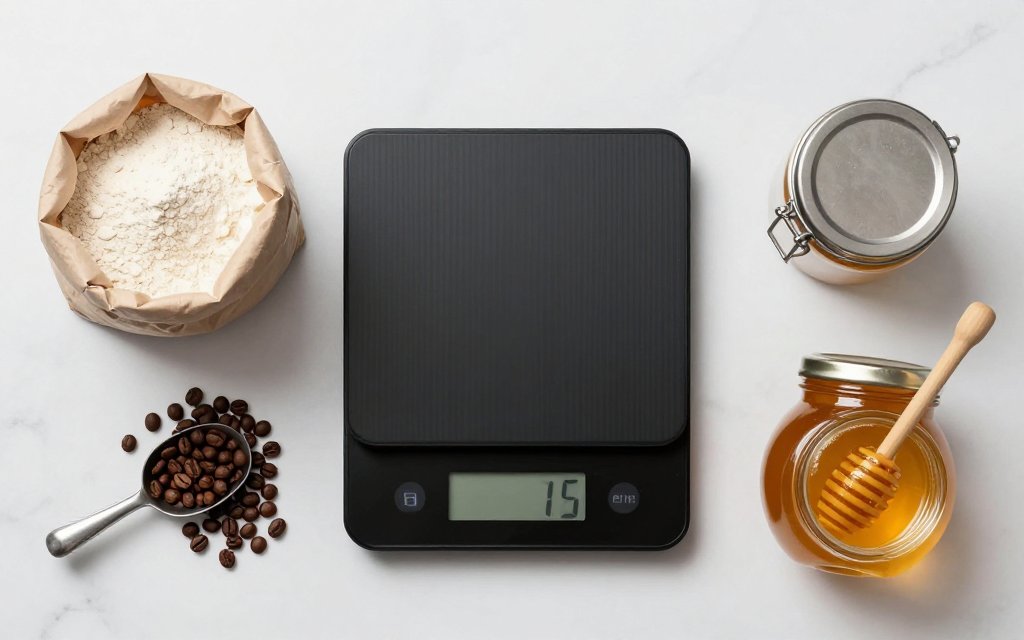 Overhead kilograms to pounds chart of pantry items around a kitchen scale.