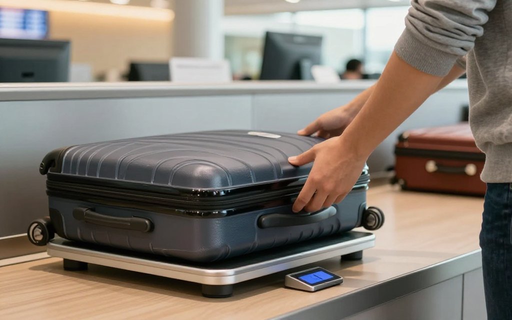 A suitcase on a luggage scale showing a kilograms to pounds weight.