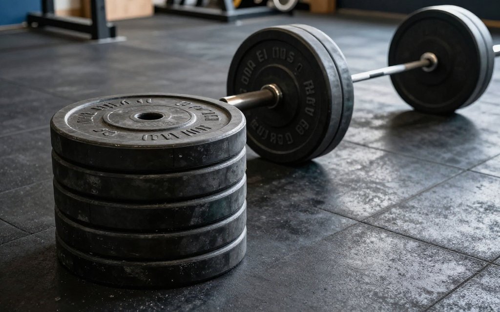 Gym barbell plates marked in kg for a kilograms to pounds comparison.