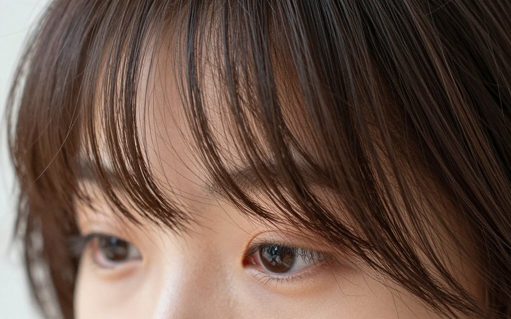 Macro close-up of wispy curtain bangs feathering at the cheekbone