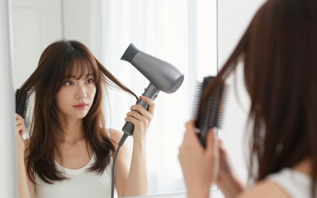Styling curtain bangs at home with a round brush and blow dryer