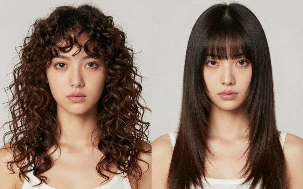 Comparison of curtain bangs on curly hair and on straight long layers