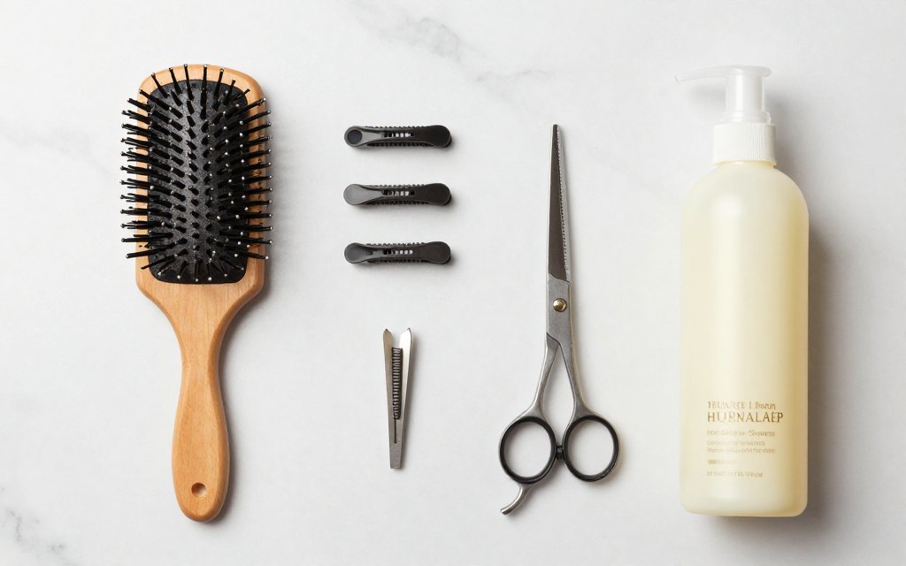 Flat-lay of styling tools used to maintain curtain bangs at home