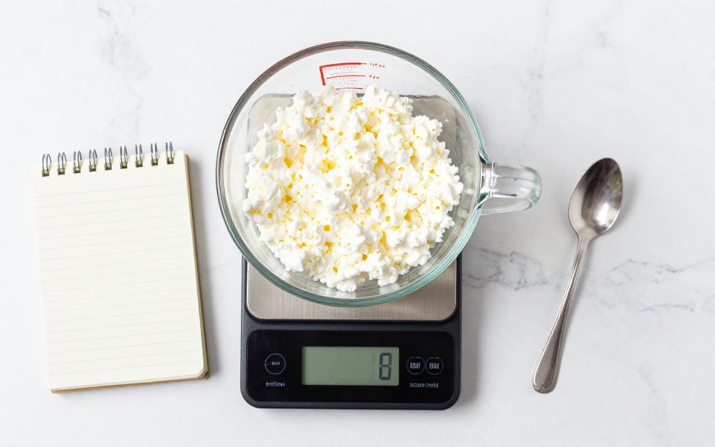 A measured cup of cottage cheese on a scale showing how much protein per serving