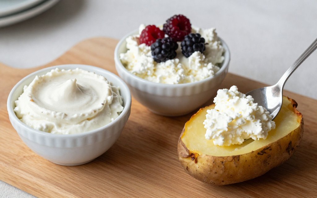 Three bowls of high protein cottage cheese snacks served three different ways