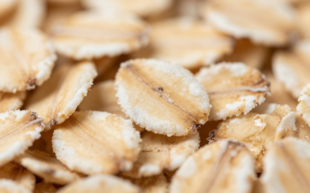Macro view of dry rolled oats that make up a single oatmeal serving size