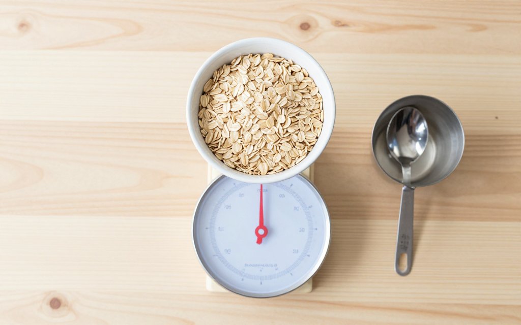 Top down oats on a kitchen scale showing how many grams in a cup of oats