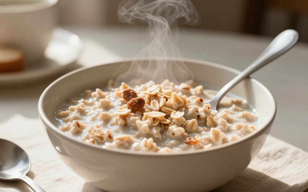 A cooked bowl showing the calories in half a cup of oats after adding water